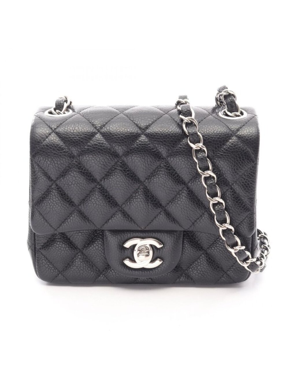 Chanel Shoulder Bag Mini Quilted Black Caviar Leather Chain